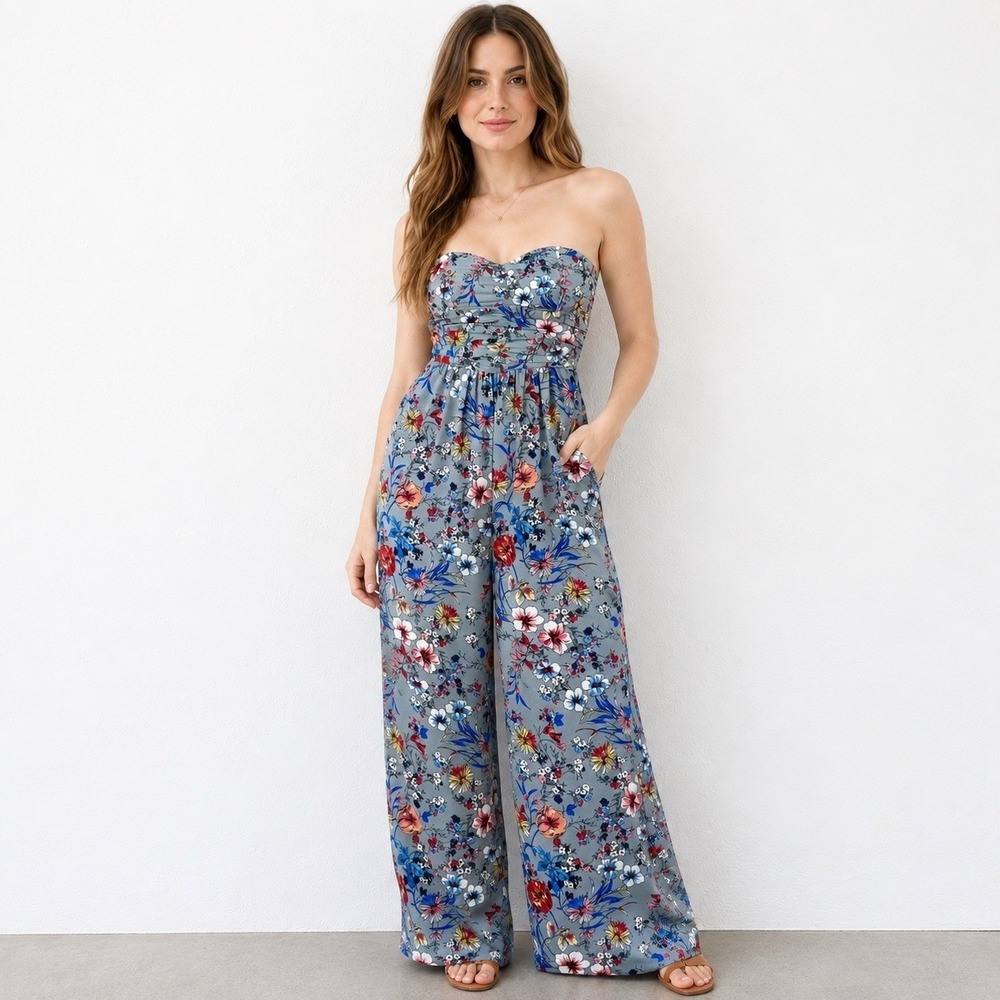 Band Of Gypsies Women's Sz‎ L Strapless Floral Wide Leg Jumpsuit Sweetheart Boho